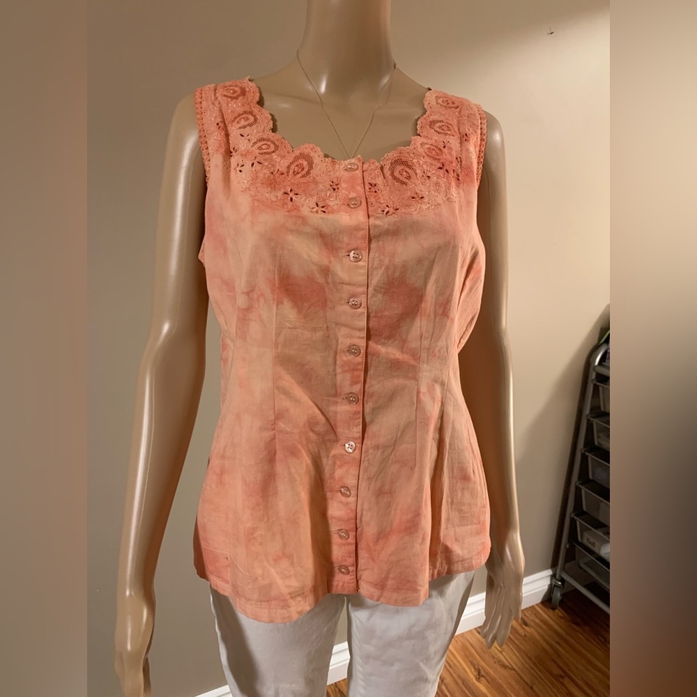 Peach Embroidered Trim Button-Up Top medium sleeveless